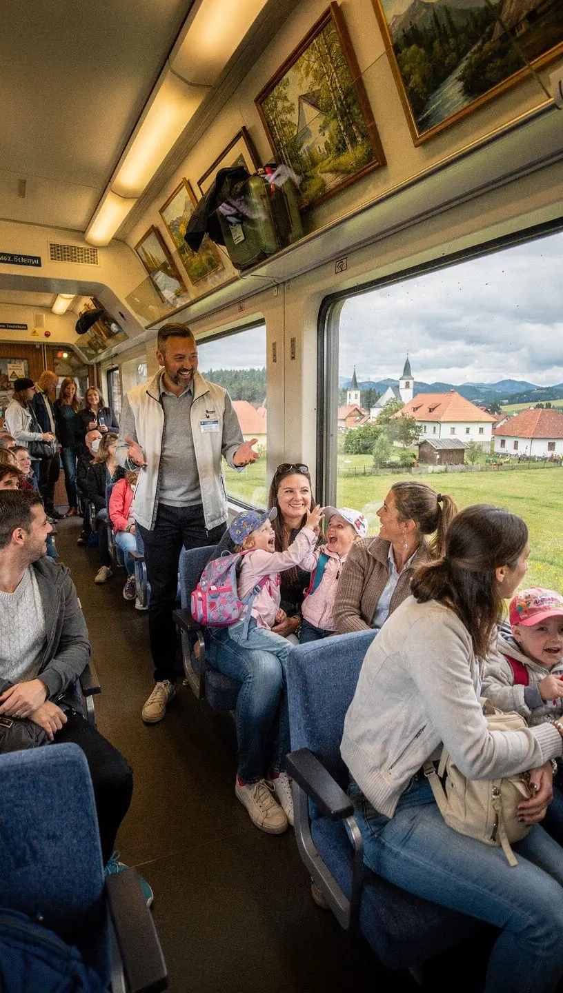 A scenic view of a picturesque Slovakian train traveling through lush green valleys.