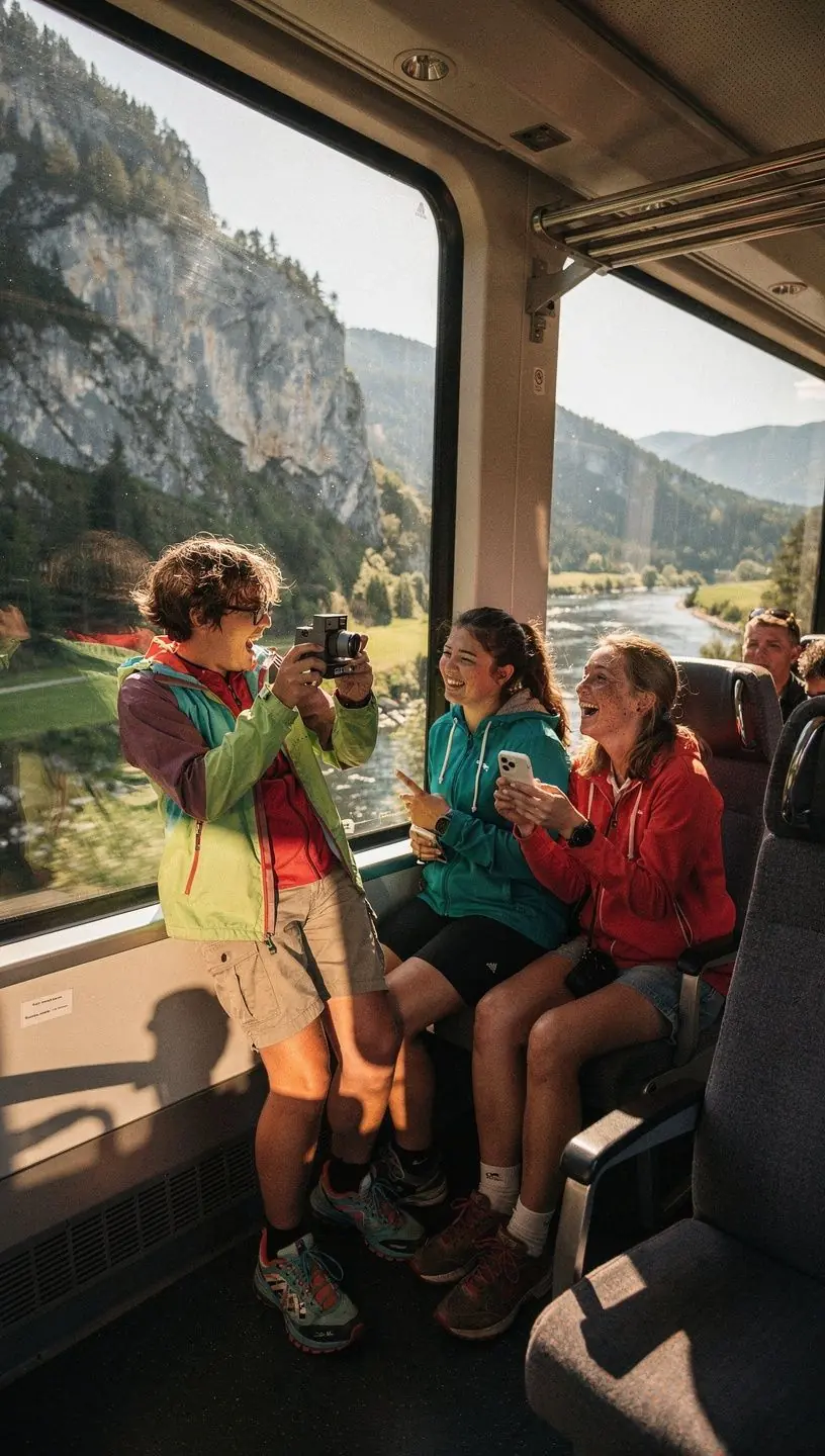 Passengers enjoying a comfortable ride on a modern train while gazing at the stunning landscapes of Slovakia.